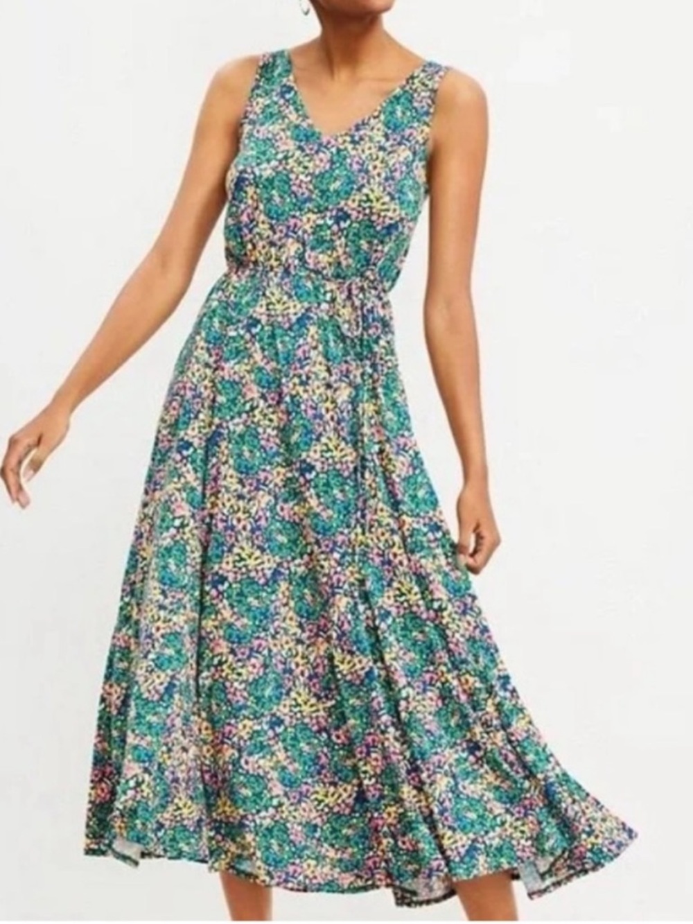 LOFT Floral Godet Double V Midi Dress Colorful Flowy - size S